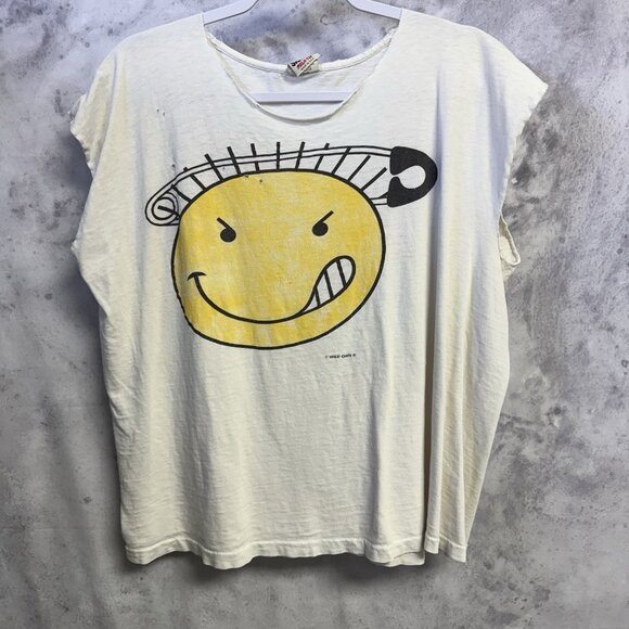 Vintage 90s Smiley Face Safety Pin T Shirt Wild Oats Mens L 23.5x23.5 Cropped - Picture 1 of 10